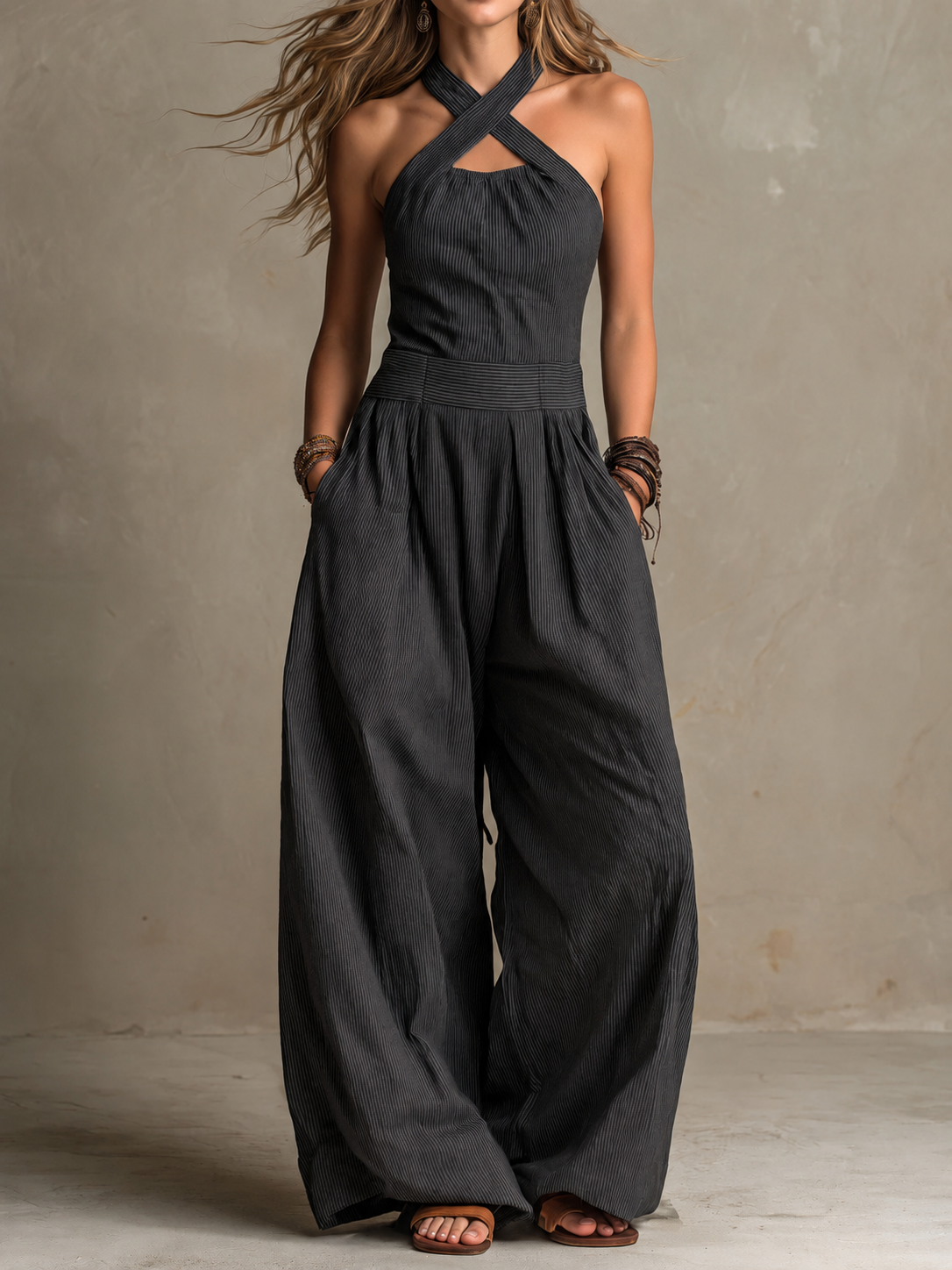 Bianca | Mono de lino y algodón con escote cruzado elegante y chic
