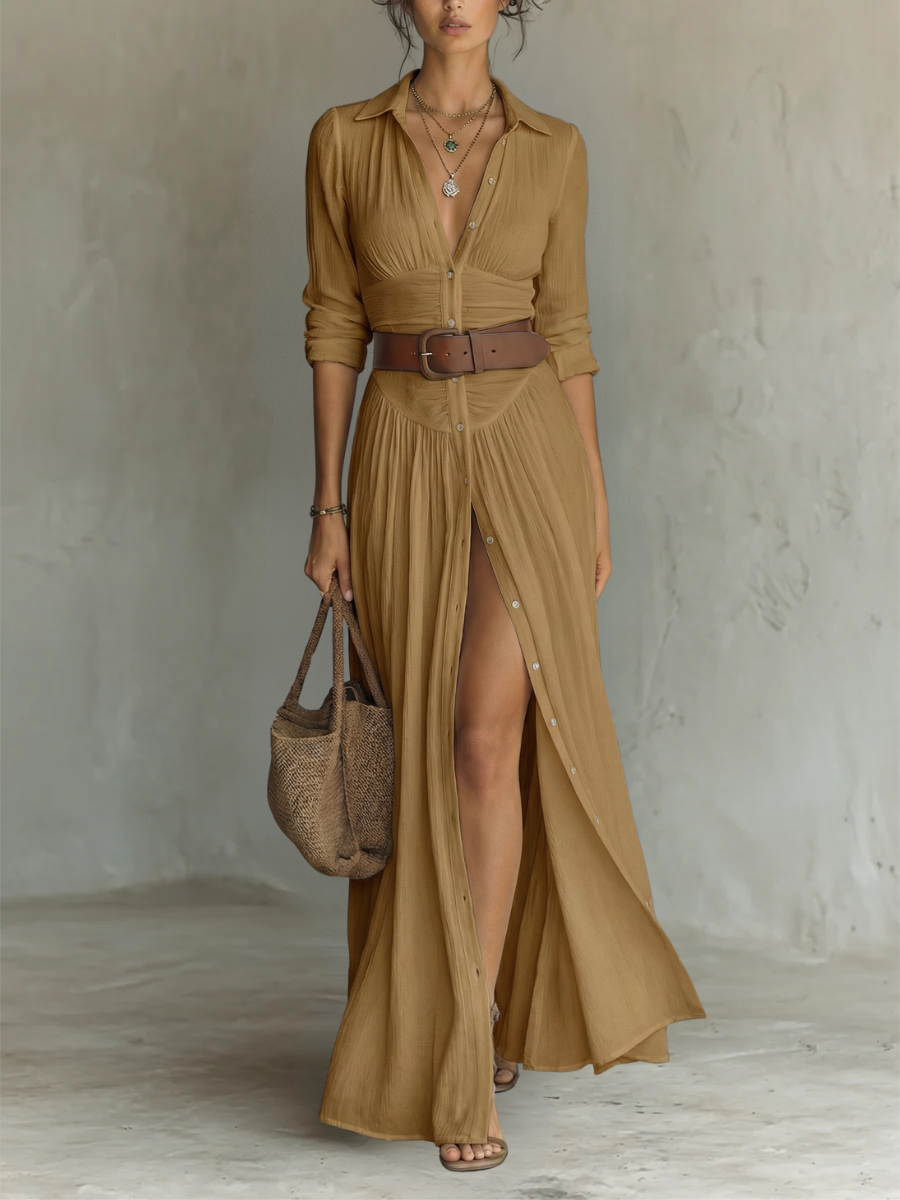 Vestido maxi largo con cuello cranté y mangas largas para mujeres