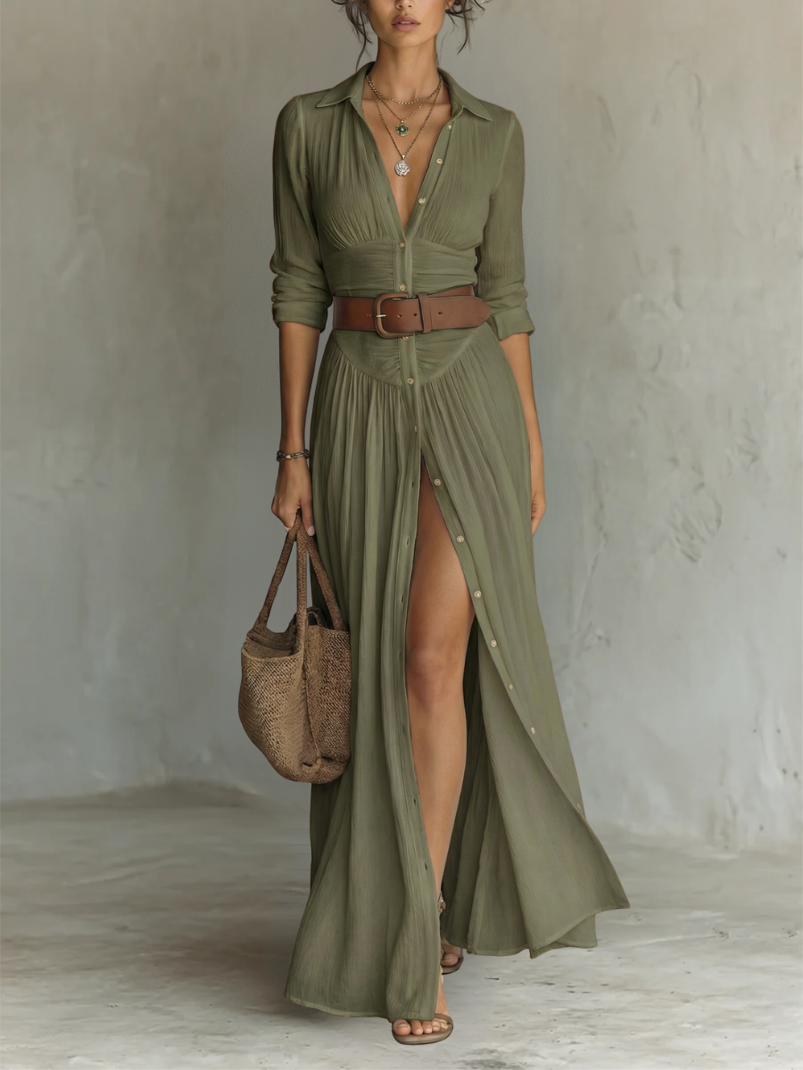 Vestido maxi largo con cuello cranté y mangas largas para mujeres