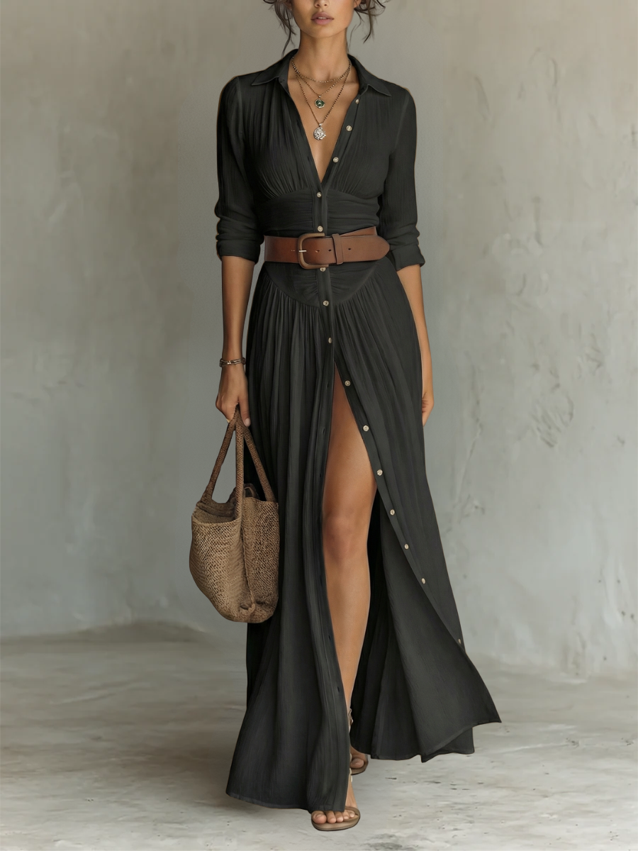 Vestido maxi largo con cuello cranté y mangas largas para mujeres