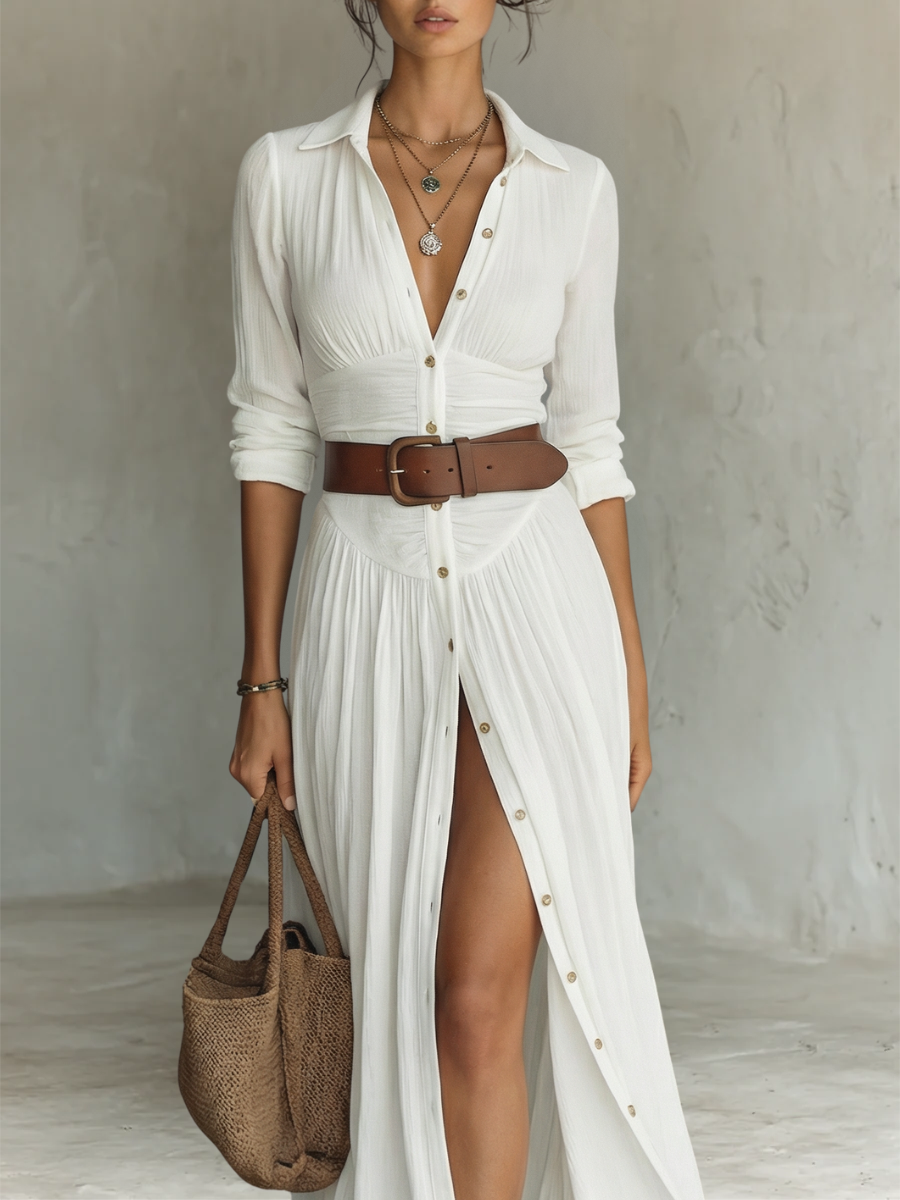 Vestido maxi largo con cuello cranté y mangas largas para mujeres