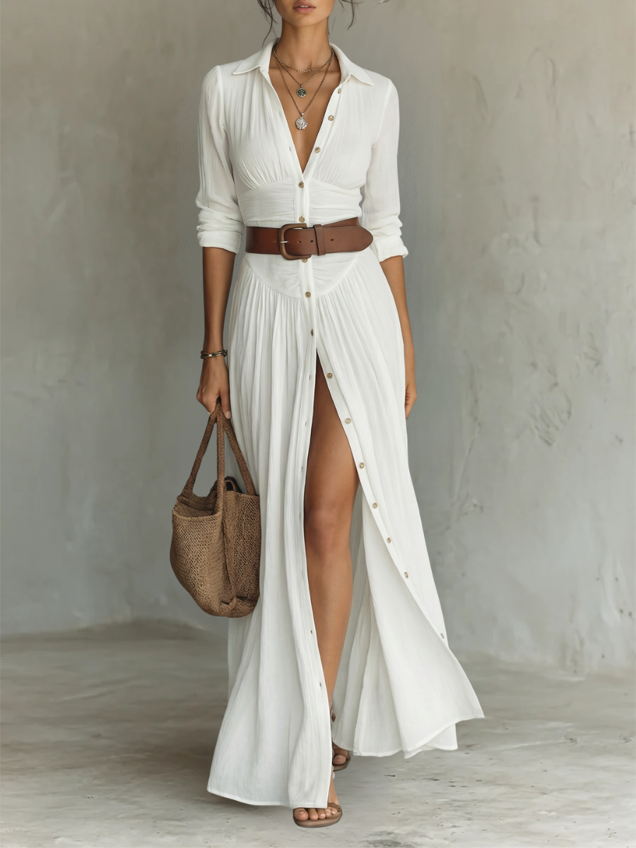 Vestido maxi largo con cuello cranté y mangas largas para mujeres